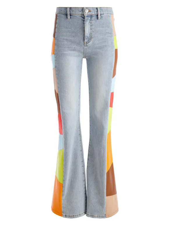 Beautiful Vegan Leather Patchwork Flare Jean | Alice and Olivia Hot
