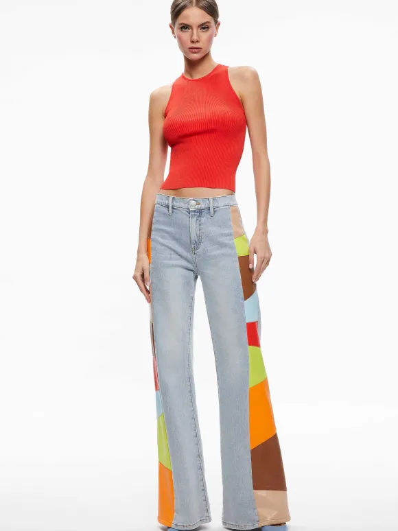 Beautiful Vegan Leather Patchwork Flare Jean | Alice and Olivia Hot