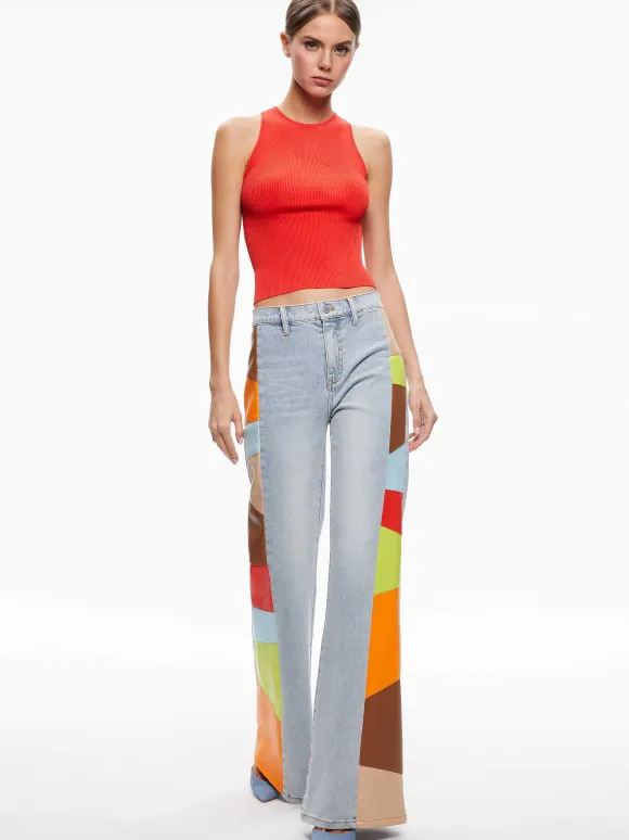Beautiful Vegan Leather Patchwork Flare Jean | Alice and Olivia Hot