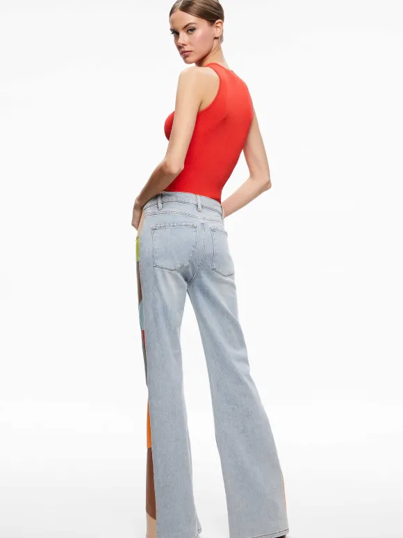 Beautiful Vegan Leather Patchwork Flare Jean | Alice and Olivia Hot