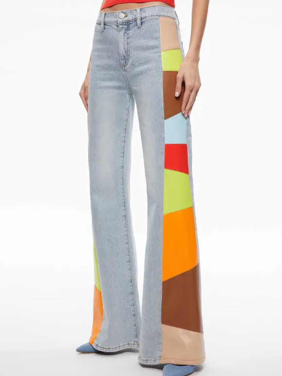 Beautiful Vegan Leather Patchwork Flare Jean | Alice and Olivia Hot
