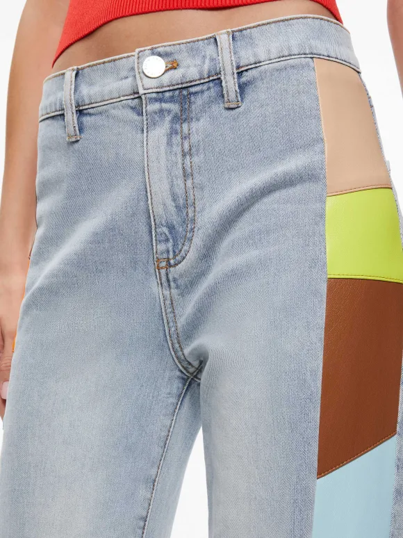 Beautiful Vegan Leather Patchwork Flare Jean | Alice and Olivia Hot