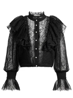 Delpha Ruffle Lace Blouson Sleeve Cropped Top | Alice and Olivia Cheap