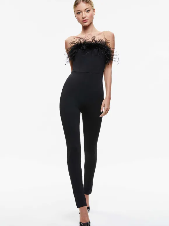 Idell Off Shoulder Feather Trim Jumpsuit | Alice and Olivia Hot