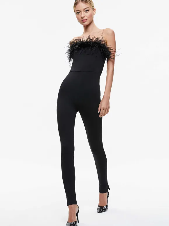 Idell Off Shoulder Feather Trim Jumpsuit | Alice and Olivia Hot