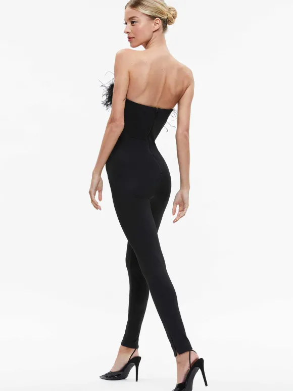 Idell Off Shoulder Feather Trim Jumpsuit | Alice and Olivia Hot