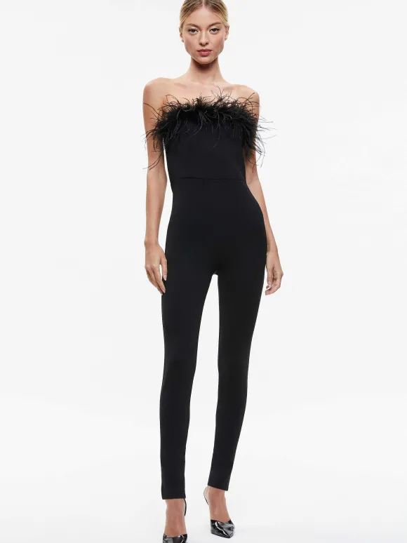 Idell Off Shoulder Feather Trim Jumpsuit | Alice and Olivia Hot