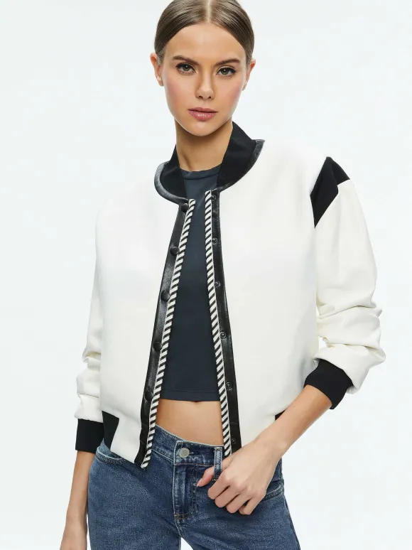 Keri Combination Vegan Leather Varsity Jacket | Alice and Olivia Sale