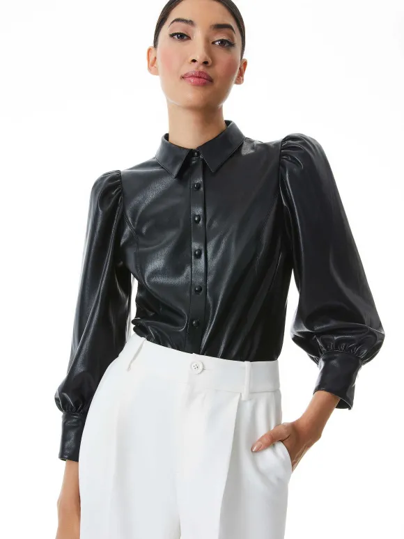 Nadine Vegan Leather Button Down | Alice and Olivia Clearance