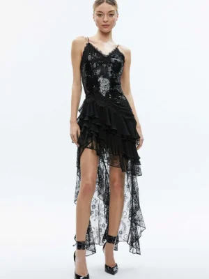 Nelia Sequined High Low Ruffled Maxi Dress | Alice and Olivia Discount