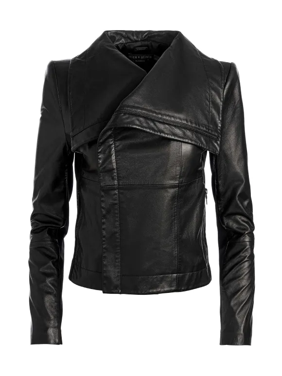 Nita Leather Drape Front Jacket | Alice and Olivia Outlet