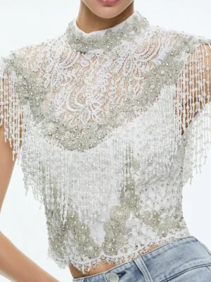 Pria Embellished Mock Neck Fringe Top | Alice and Olivia Fashion