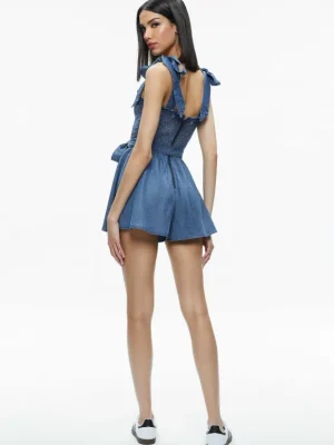 Roz Smocked Chambray Romper | Alice and Olivia Shop
