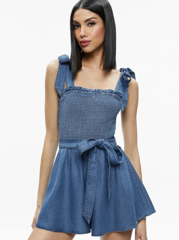 Roz Smocked Chambray Romper | Alice and Olivia Shop