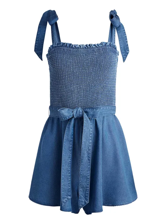 Roz Smocked Chambray Romper | Alice and Olivia Shop