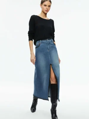 Rye Denim Maxi Skirt With Vegan Leather | Alice and Olivia Outlet