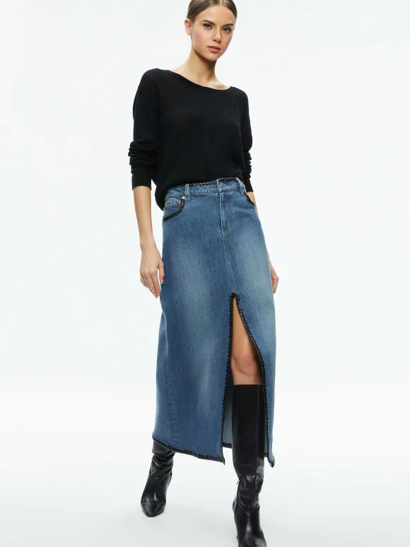 Rye Denim Maxi Skirt With Vegan Leather | Alice and Olivia Outlet