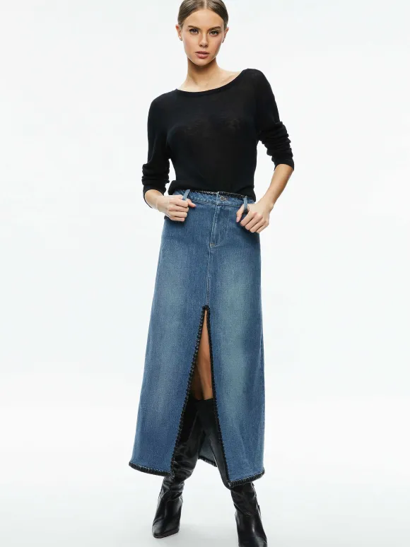 Rye Denim Maxi Skirt With Vegan Leather | Alice and Olivia Outlet