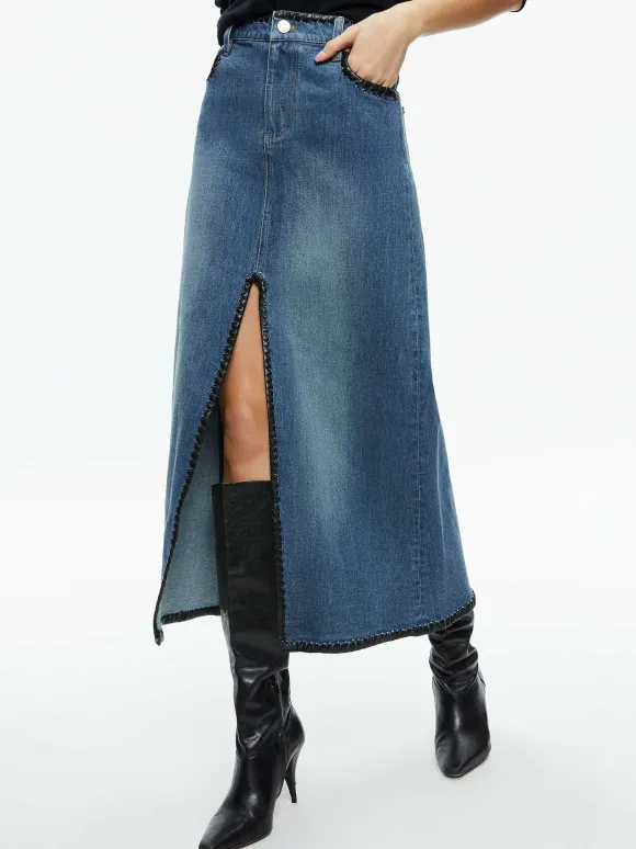 Rye Denim Maxi Skirt With Vegan Leather | Alice and Olivia Outlet