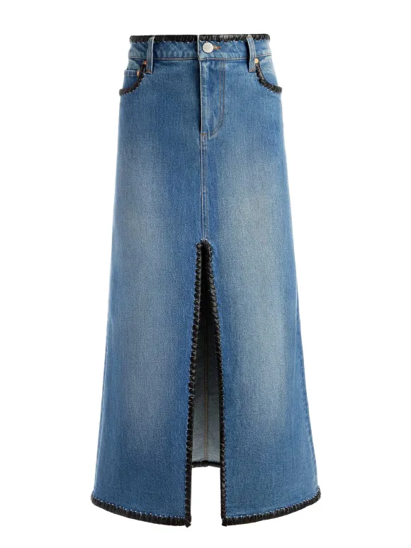 Rye Denim Maxi Skirt With Vegan Leather | Alice and Olivia Outlet