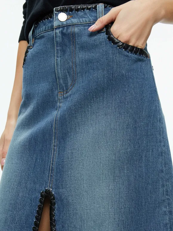 Rye Denim Maxi Skirt With Vegan Leather | Alice and Olivia Outlet