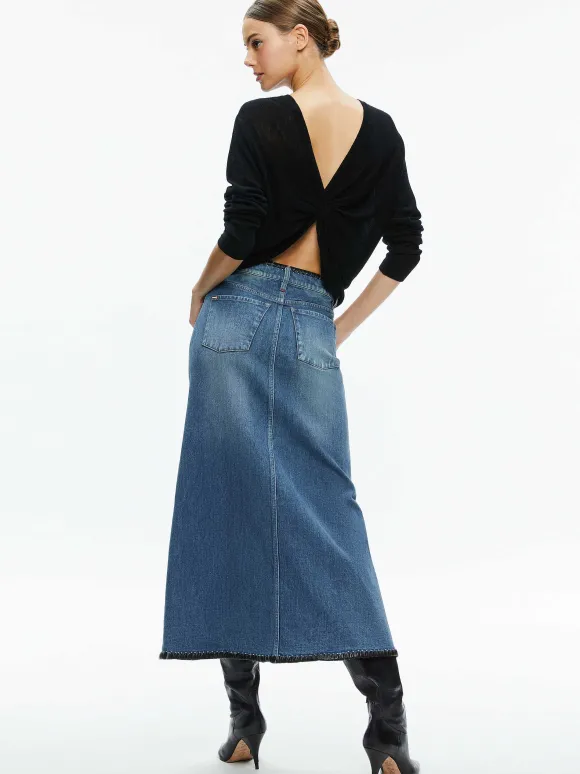Rye Denim Maxi Skirt With Vegan Leather | Alice and Olivia Outlet